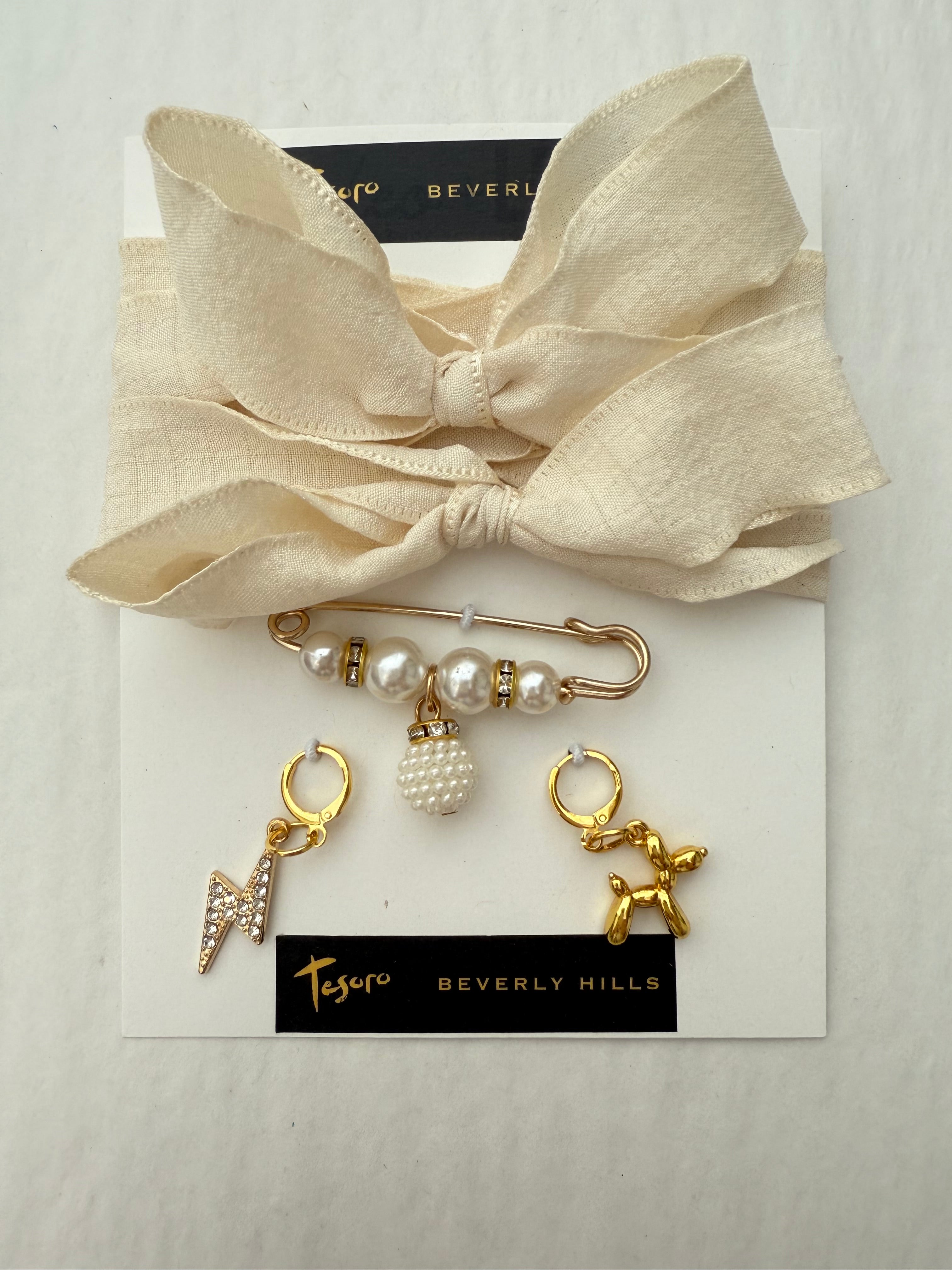 Ivory Sneaker Gold Charm Sets- lightning bolt, balloon dog, pearl pin