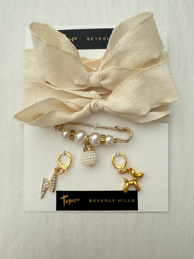 Ivory Sneaker Gold Charm Sets- lightning bolt, balloon dog, pearl pin