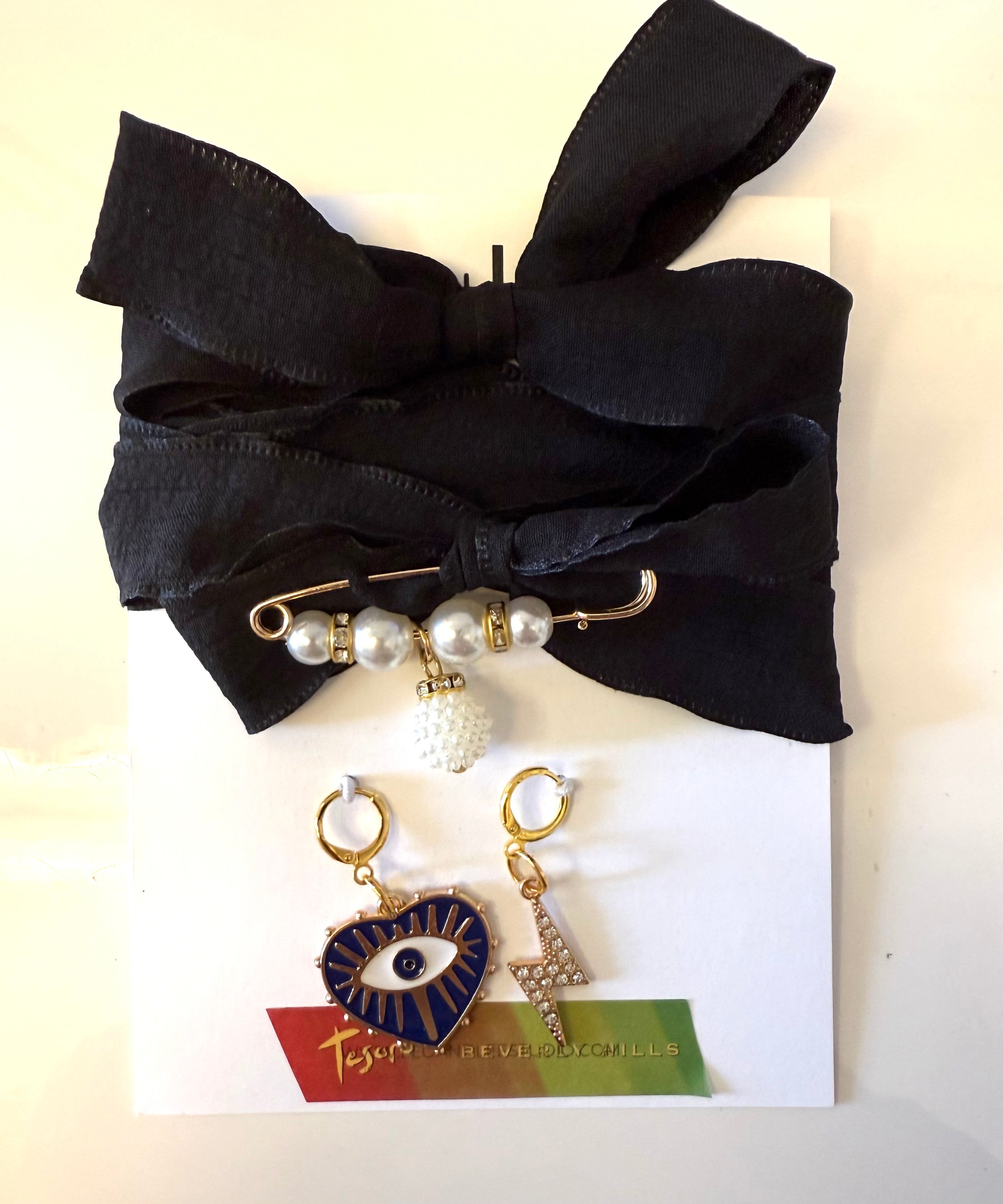 Black Silk Sneaker Gold Charm Sets- pearl safety pin,evil eye heart, lightning bolt