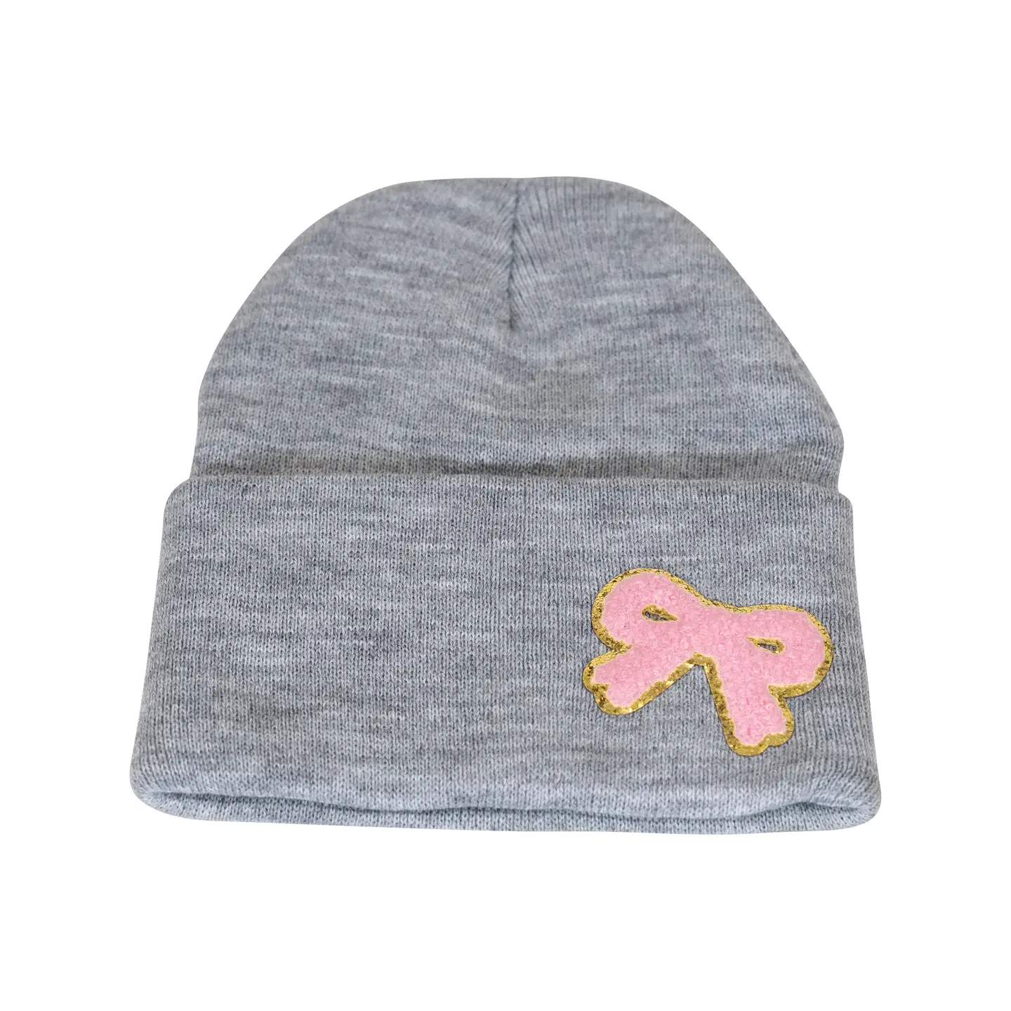 Grey Pink Bow Beanie