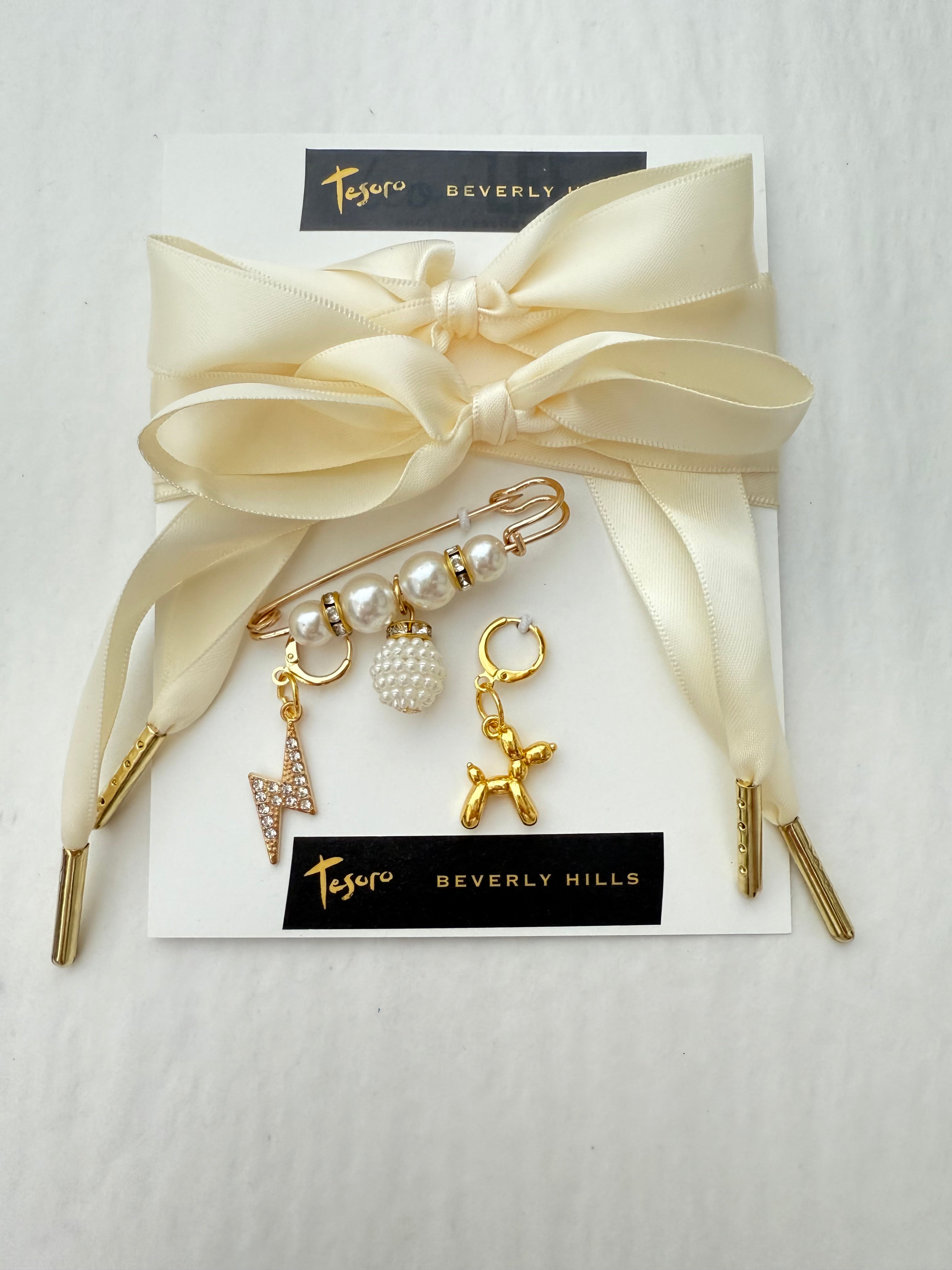 Cream Satin Sneaker Gold Charm Sets- lightning bolt, balloon dog, pearl pin